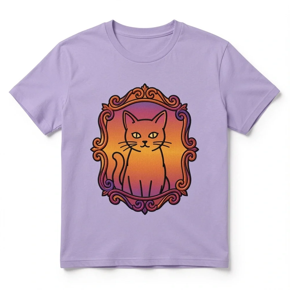 Gildan Lavender Tee with Orange-Pink Sunset Cat Graphic